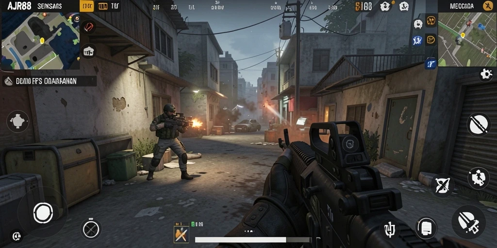 Tangkapan layar AJR88 menunjukkan aksi tembak-menembak yang intens dalam mode FPS.