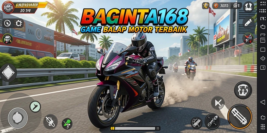 Screenshot utama BAGINTA168 menampilkan aksi seru balap motor.