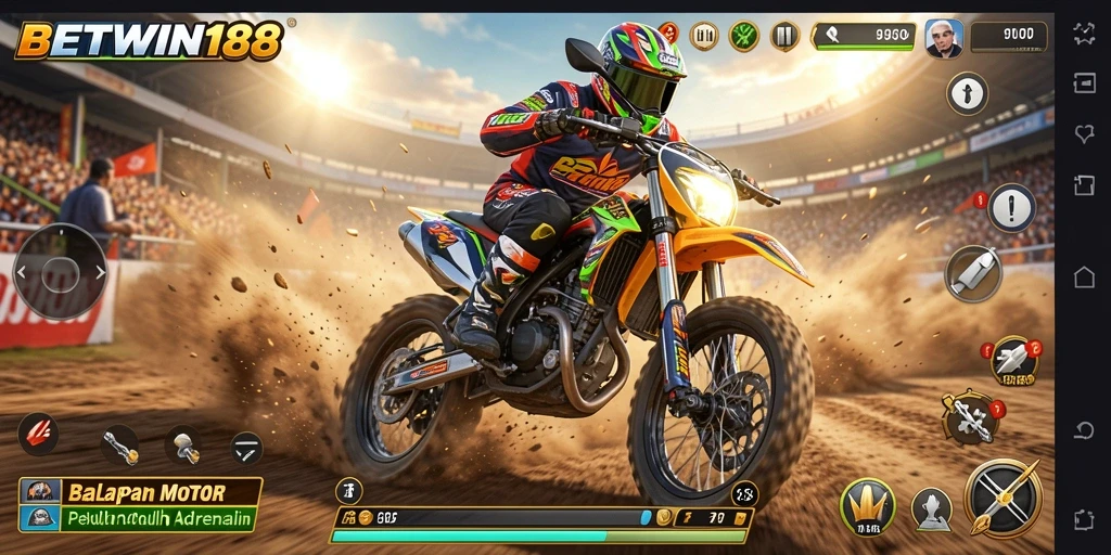 Screenshot BETWIN188 menunjukkan balapan motor intens dan seru.