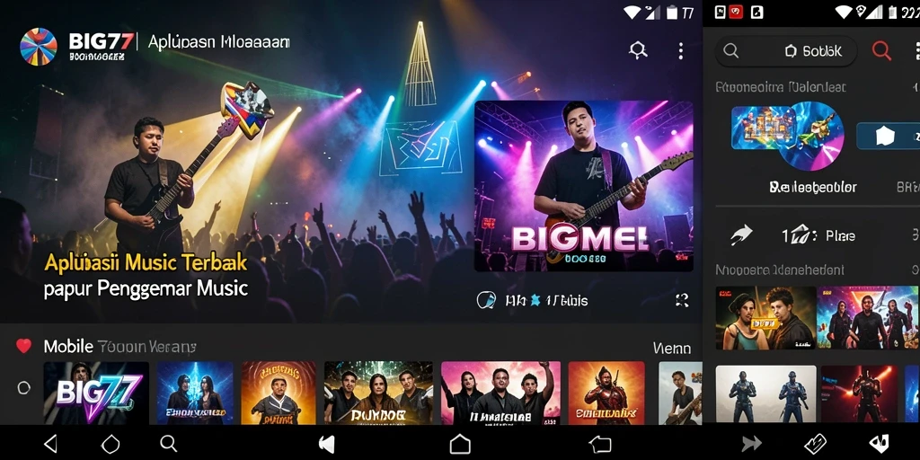 Screenshot utama BIG77 menampilkan gameplay interaktif dengan musik.