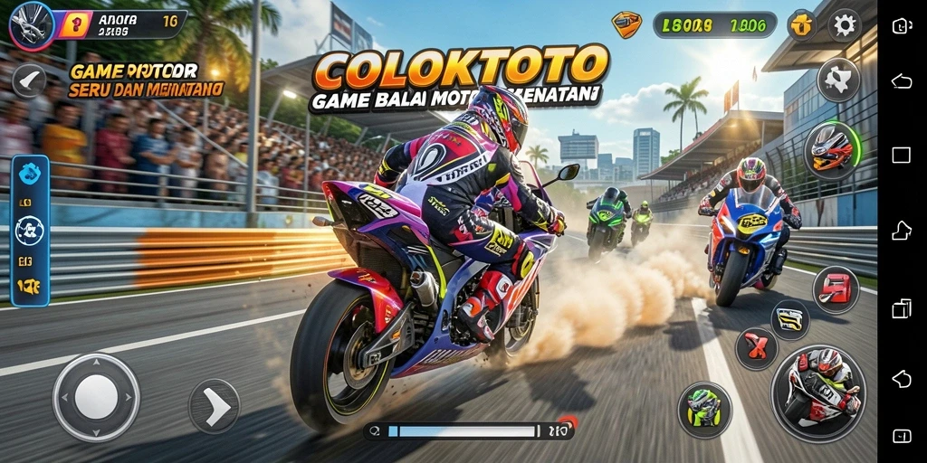 Tampilan gameplay COLOKTOTO menampilkan aksi balapan motor yang mendebarkan.