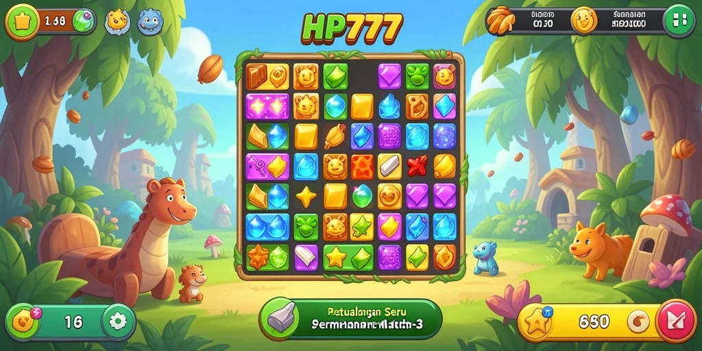 Tampilan gameplay seru dalam HP777 dengan tantangan Match-3 yang menarik.