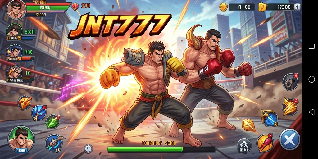 Tampilan menarik dari gameplay pertarungan JNT777 dengan aksi seru dan karakter beragam.