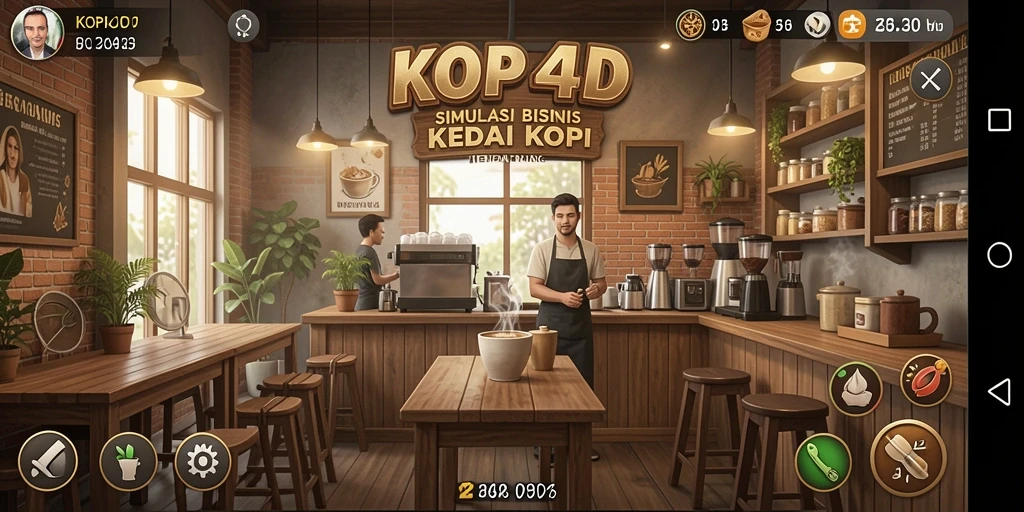 Screenshot KOPI4D menunjukkan aktivitas seru dalam mengelola kedai kopi.